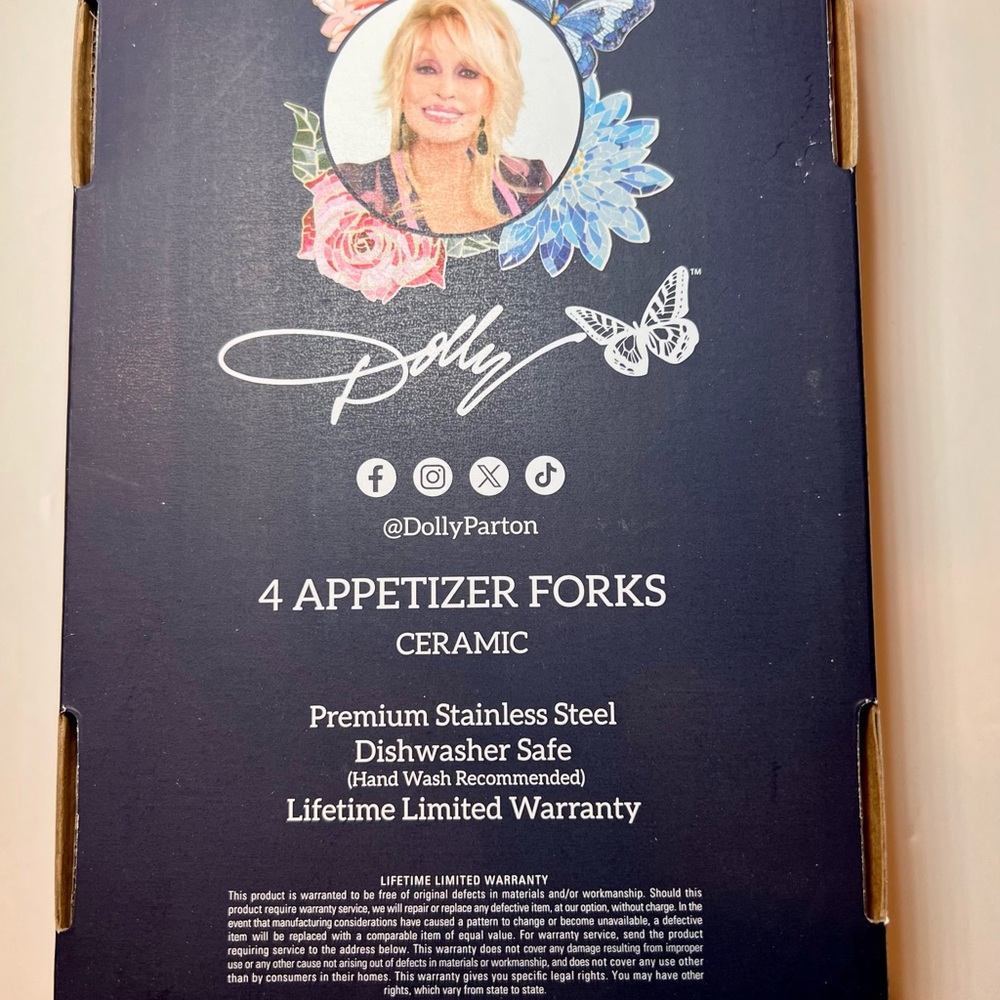 4 Dolly Parton Ceramic Handle Appetizer Forks Blue Flowers Gingham Butterfly - Picture 6 of 8